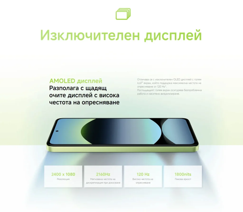 Xiaomi Redmi Note 14 – 6.67" AMOLED дисплей, 120Hz опресняване, 1800 нита яркост.
