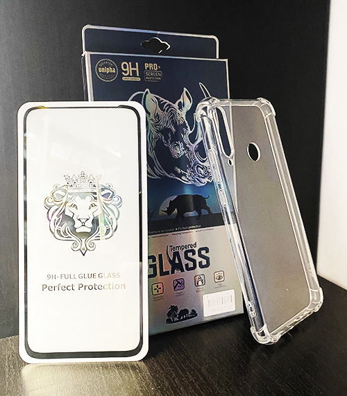 Комплект 2 в 1 за Realme 8i – Full Glue стъклен протектор и прозрачен TPU калъф Armor